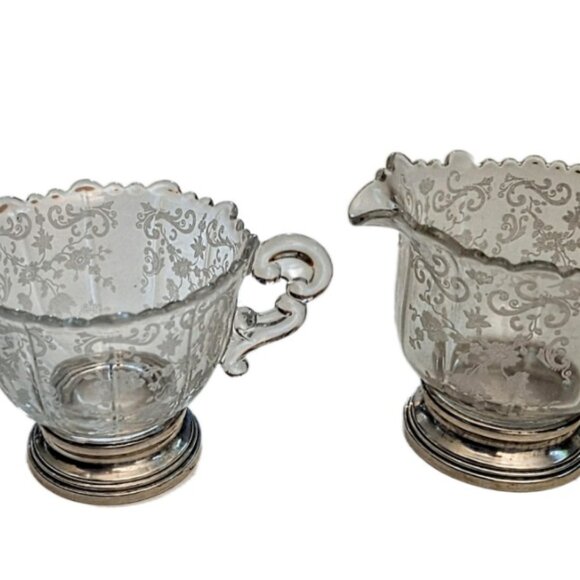 Depression Glass Chantilly Sugar & Creamer with Sterling Base by Cambridge - Picture 2 of 10